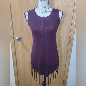 Papillon Plum Eggplant Boho Fringe Knit Tank Top